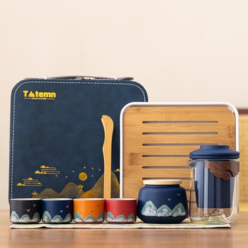 Tmtemn Portable Gongfu Tea Set with Travel Case (Glass Teapot + Bamboo Tray + 4 Cups)