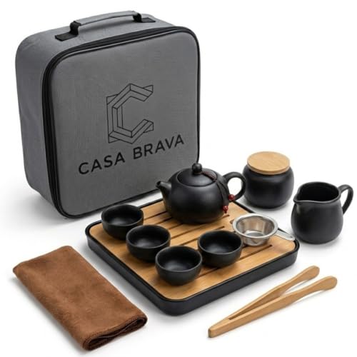 Casa Brava Travel Tea Set with Ceramic Teapot, 4 Cups, Bamboo Tray & Case