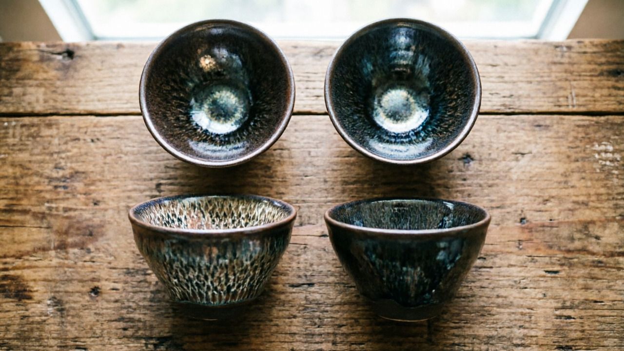 Four Jian ware bowls flat lay showing glaze variety
