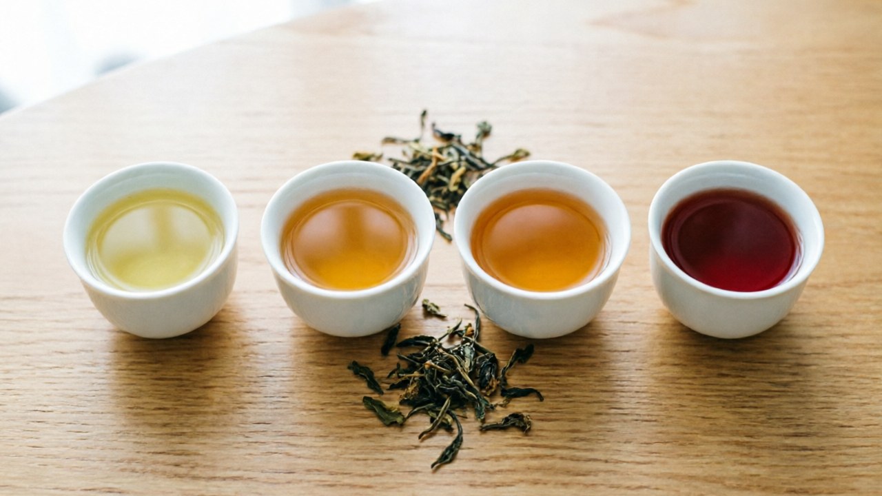 Four tea types in small tasting cups showing different liquor colors