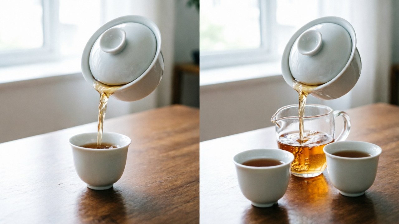 Direct gaiwan pour versus using a cha hai for two cups