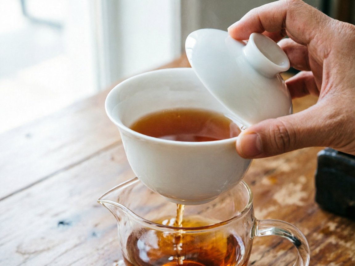 Hand tilting a gaiwan lid to pour tea into a glass fairness cup