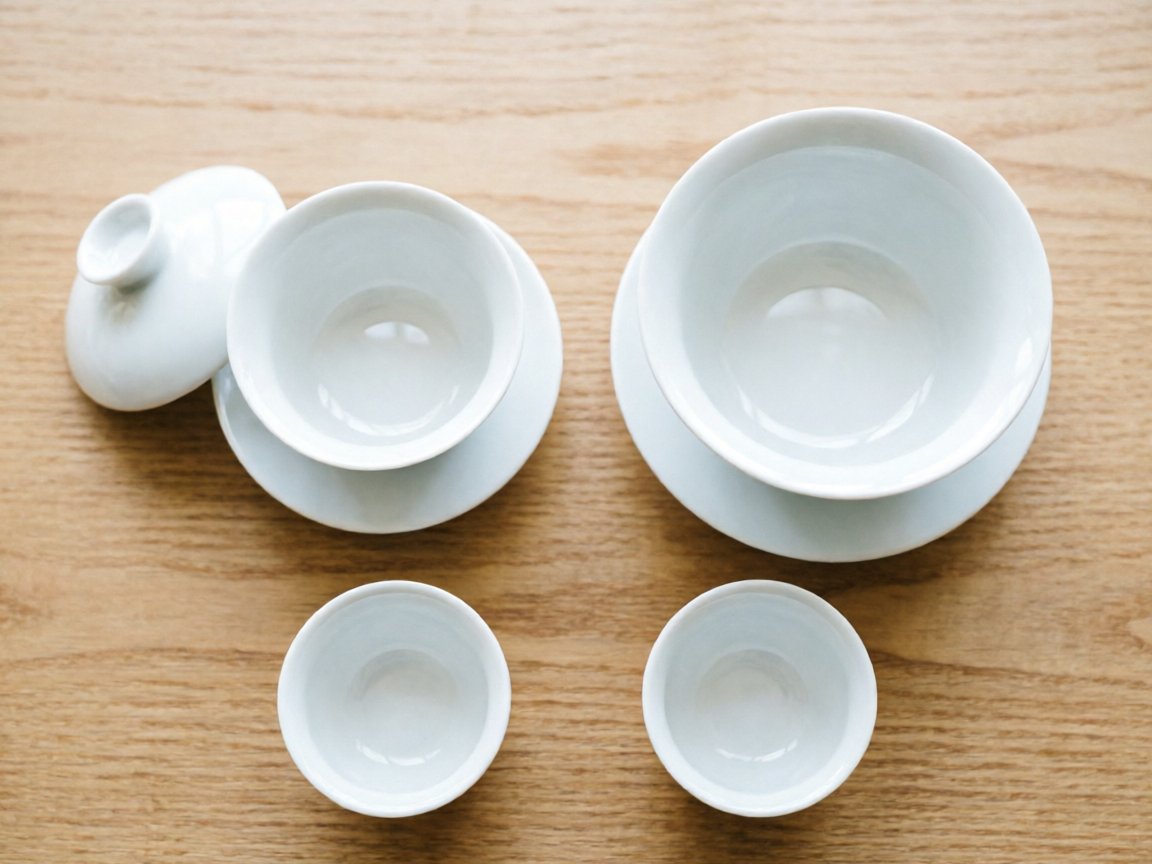 Two gaiwans of different volumes beside small tasting cups