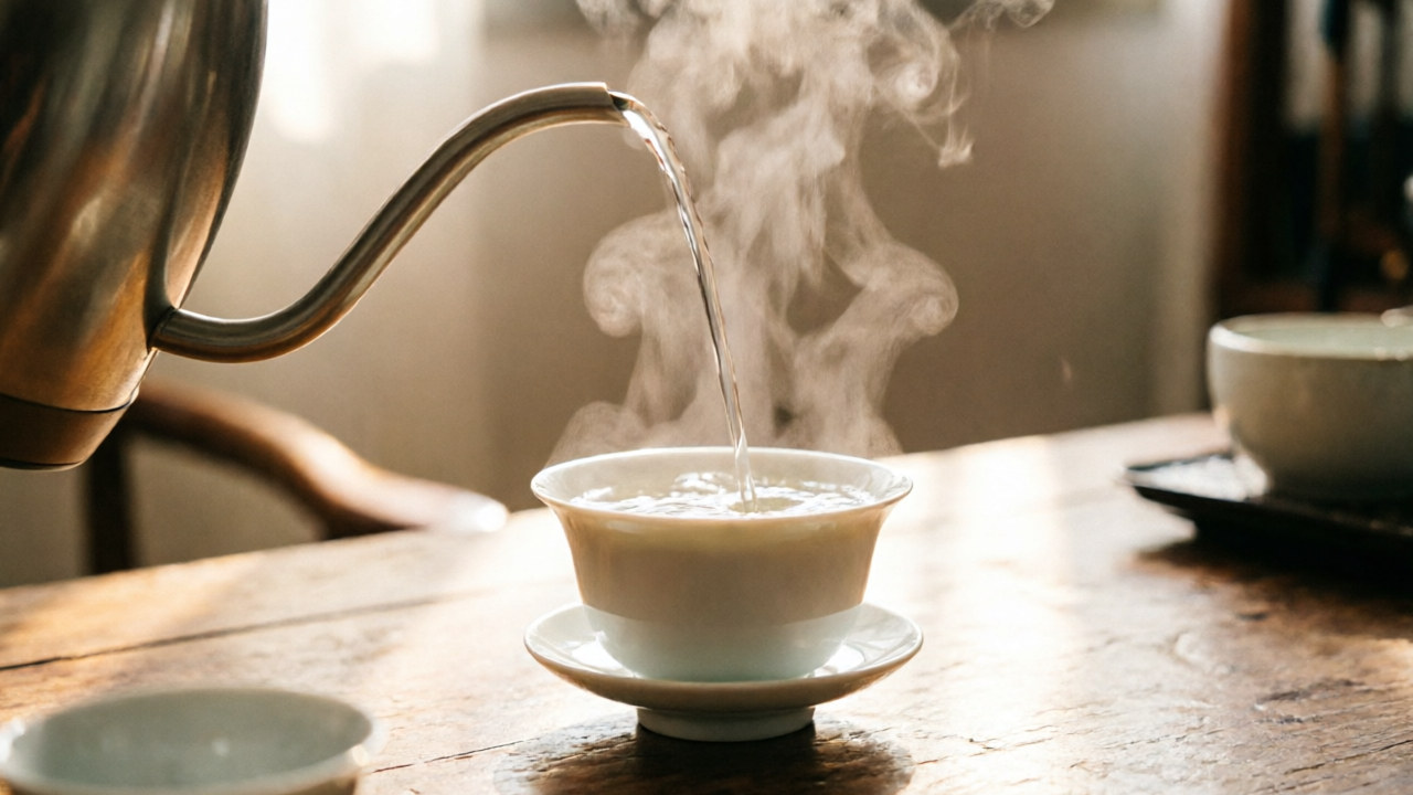 Gooseneck kettle pouring water into a gaiwan with precision stream