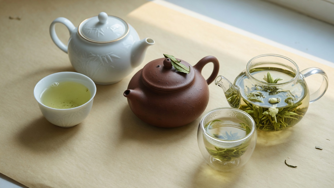 Three kyusu teapots in a row at increasing sizes, cups beside for scale