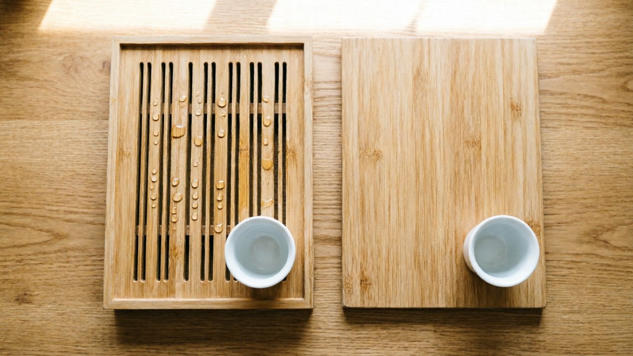 Two wooden tea trays photographed from above: a slatted bamboo tray with open drainage slats on the left, and a flat solid bamboo tray on the right