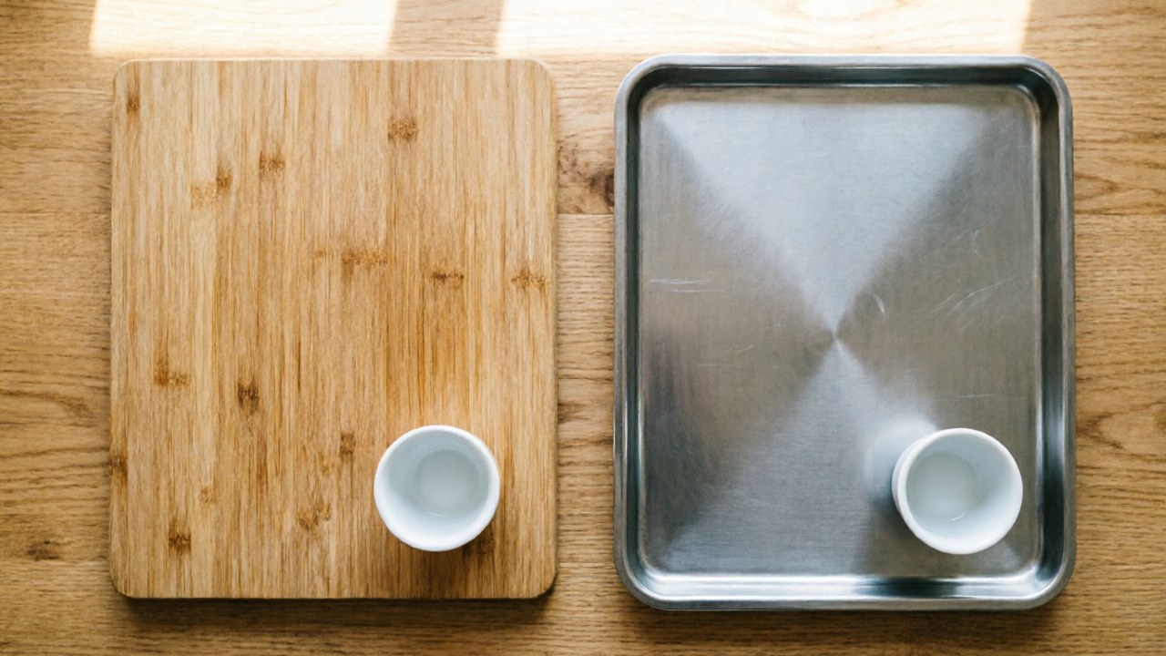 Two tea tray surfaces photographed side by side: a warm bamboo tray on the left with cups, and a cool brushed stainless steel tray on the right