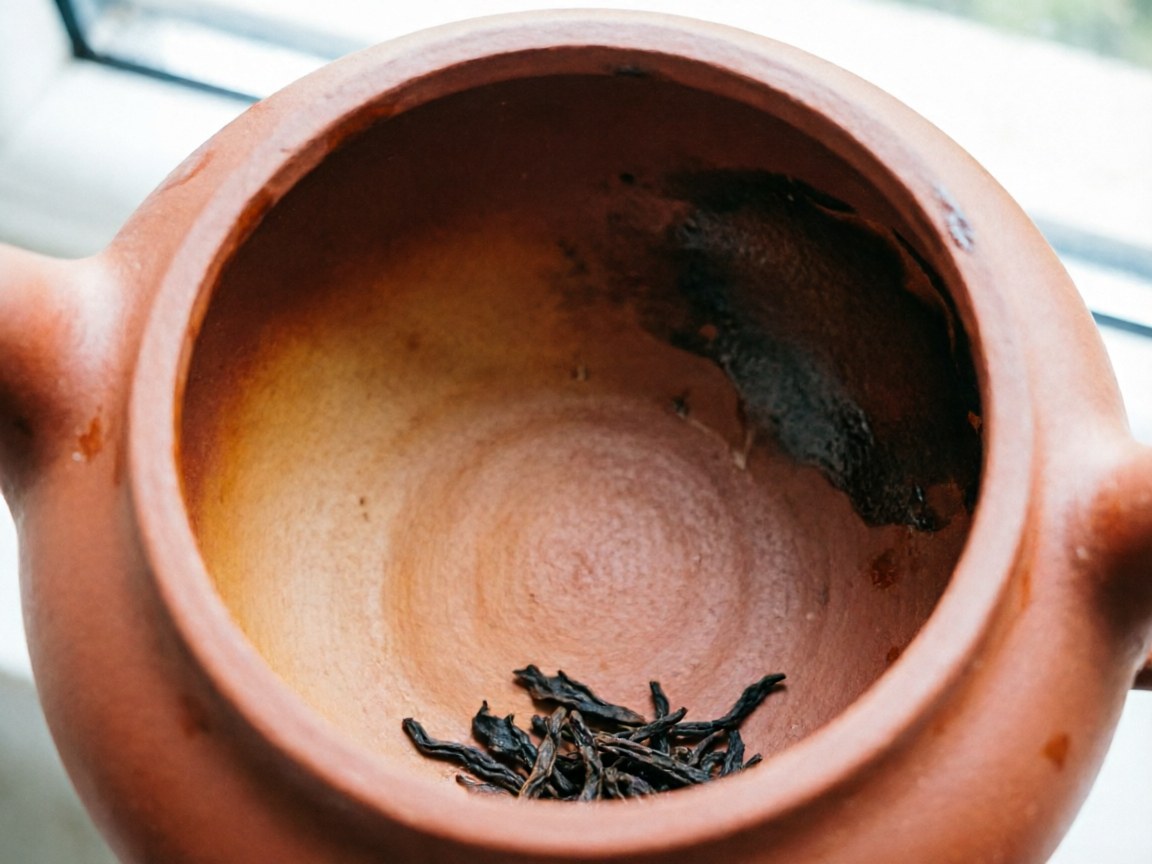 Yixing teapot interior with early tea-oil seasoning and darkening