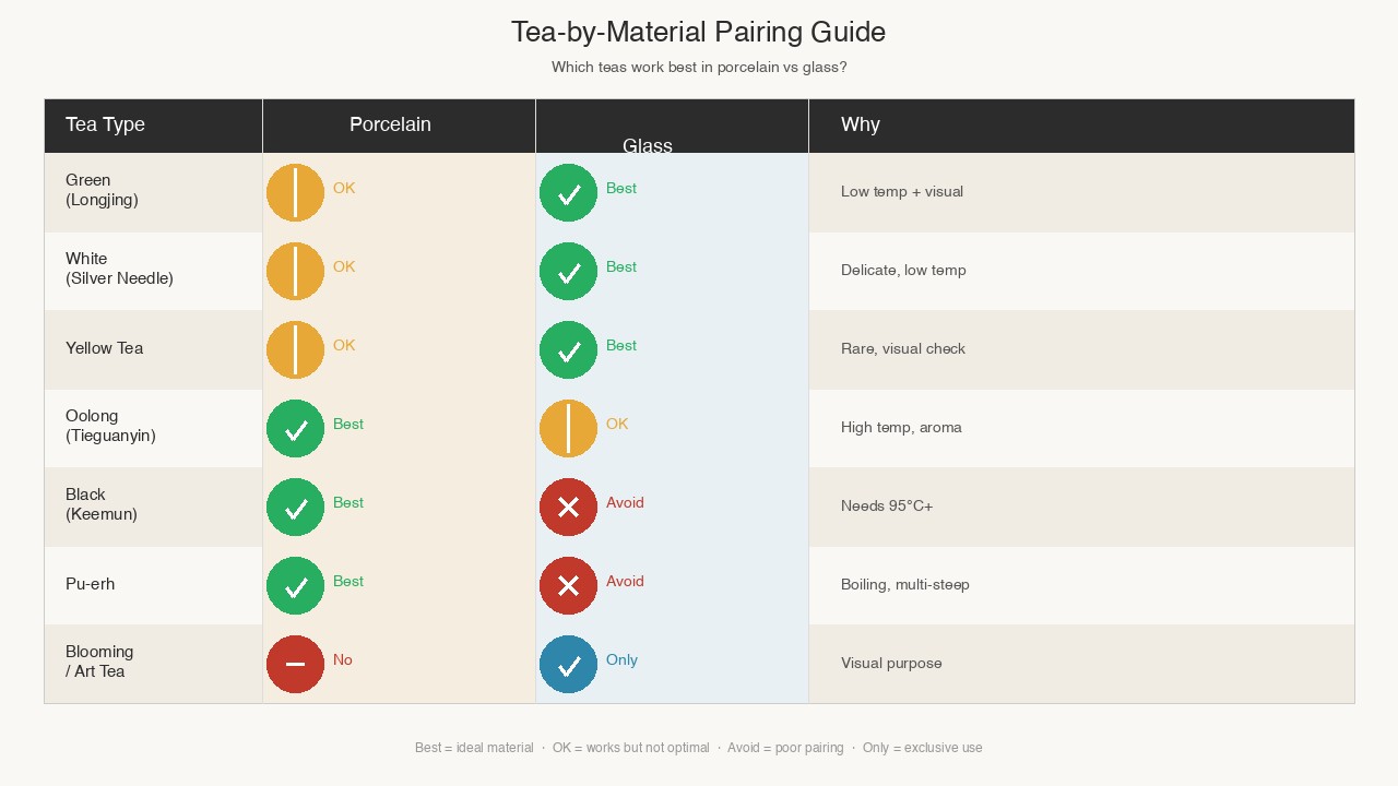 Tea type pairing matrix for porcelain versus glass teaware