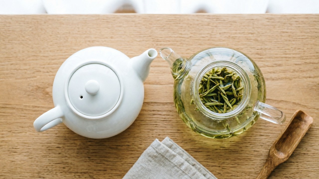 Opaque porcelain teapot next to transparent glass teapot during brewing