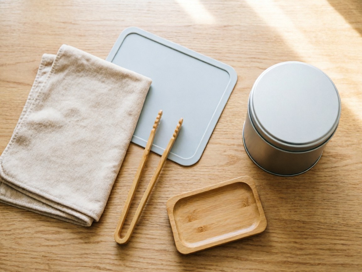 Care kit flat-lay: cloths, drying mat, bamboo tongs, mini tray, leaf caddy