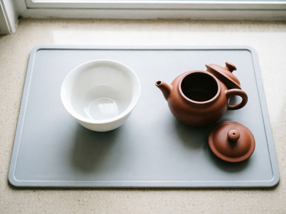 Gaiwan and teapot lids set aside on a drying mat to air dry