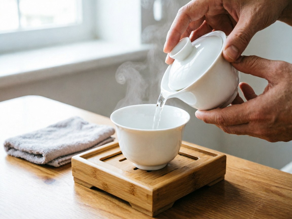 Hot water rinse of a porcelain gaiwan over a small bamboo tea tray