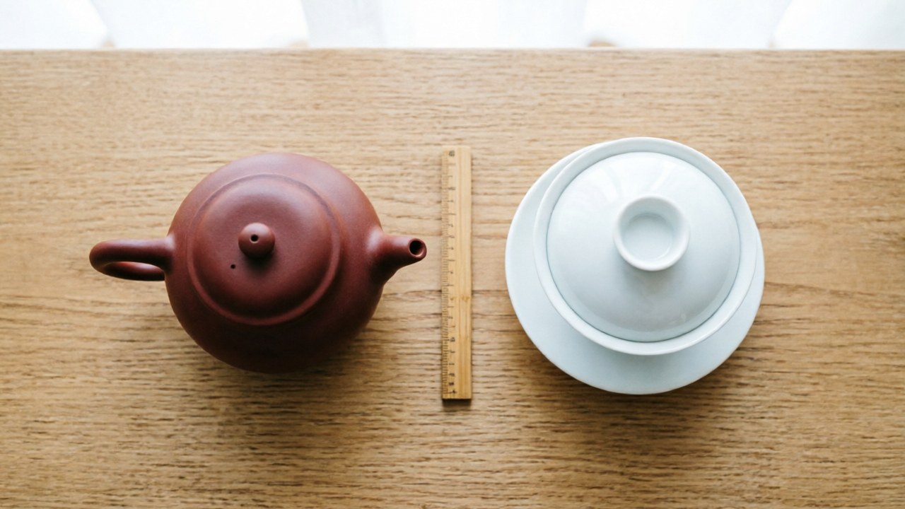 Two teapots photographed side by side with a wooden ruler behind them for scale: a dark unglazed Yixing clay teapot on the left and a white porcelain gaiwan on the right