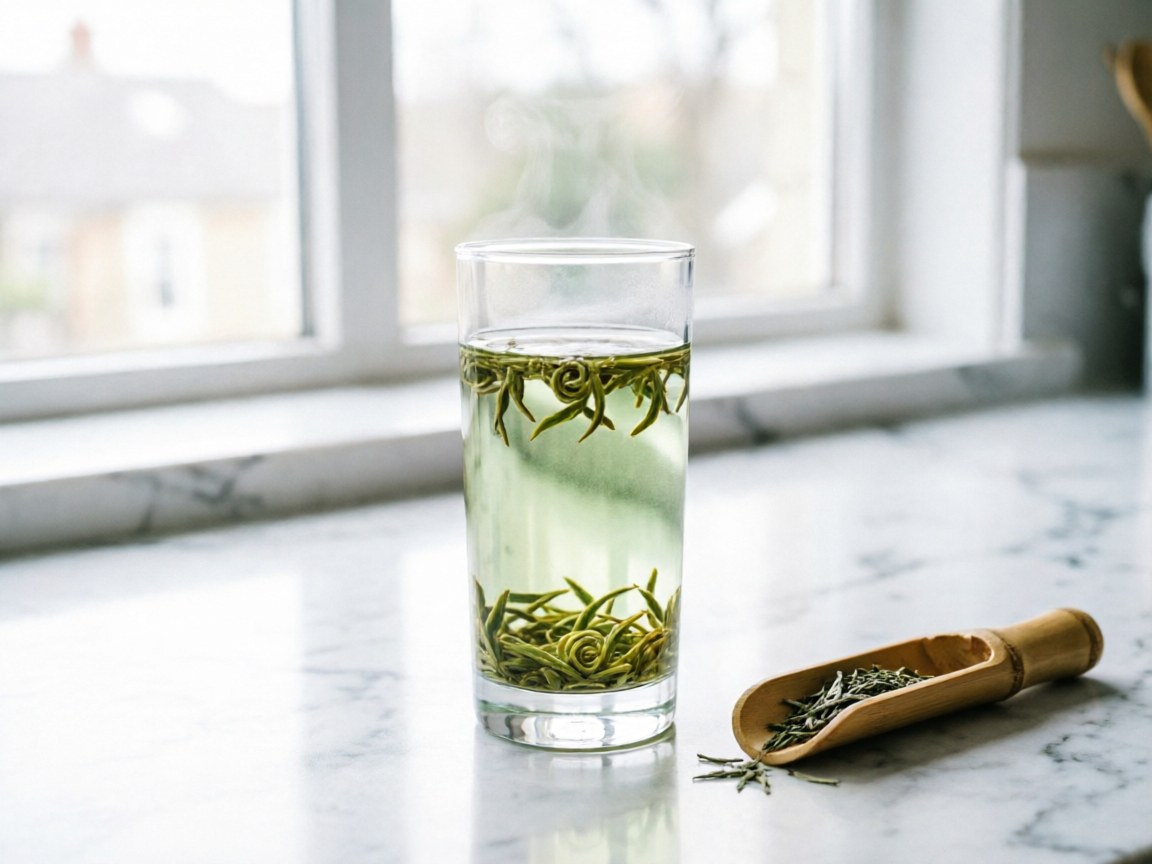 Biluochun leaves unfurling in a tall glass using the Shangtou top-pour method