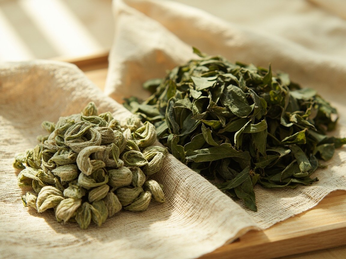 Side-by-side of tender Mingqian buds and larger, darker Yuqian leaves