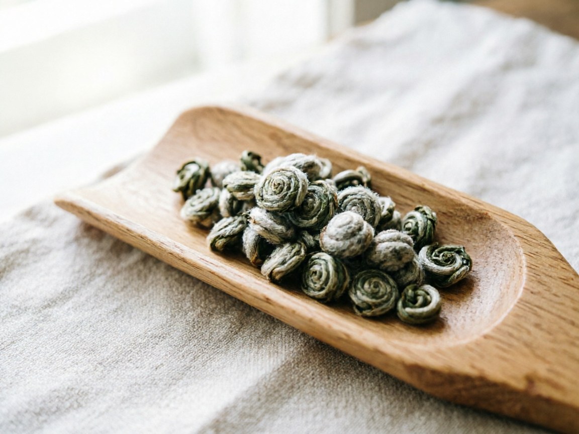 Dry Biluochun leaves showing tight spiral snail shape with white down