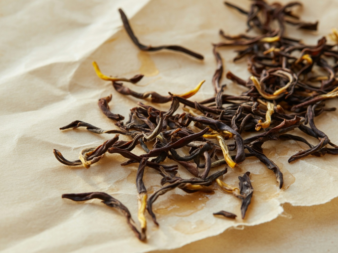 Dark copper black tea leaves with golden tips on parchment paper
