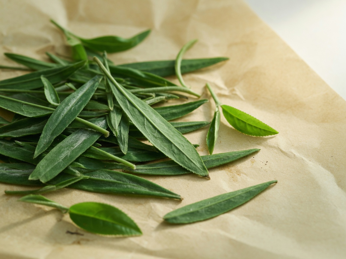 Bright jade-green dry tea leaves on warm parchment paper