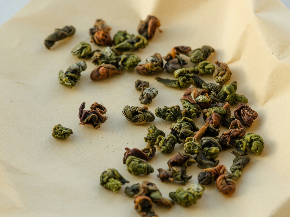 Rolled oolong leaves with green and amber tones on parchment paper