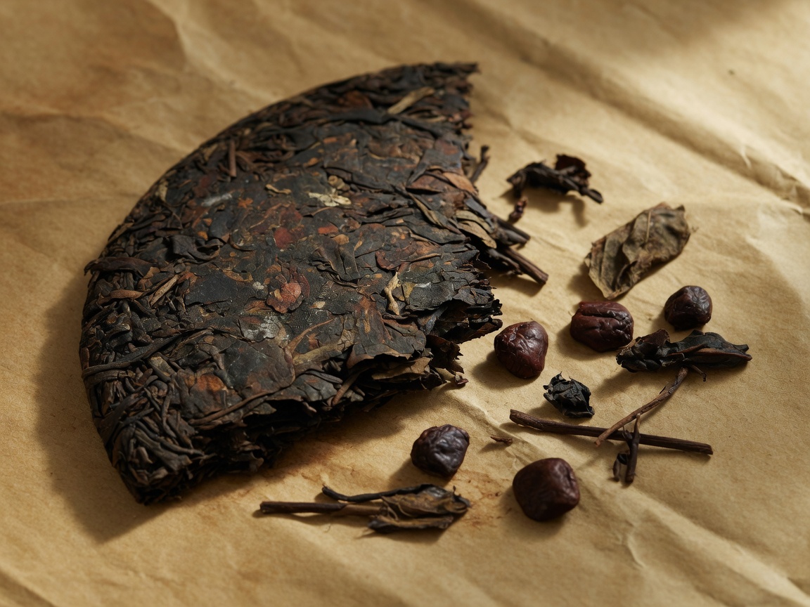 Dark aged pu-erh tea cake with compressed leaf texture on parchment