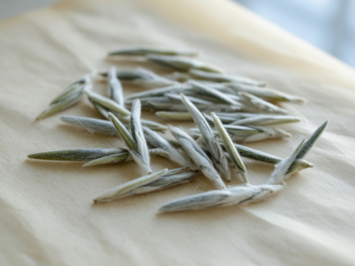 Silvery white tea buds with fine down on warm parchment paper