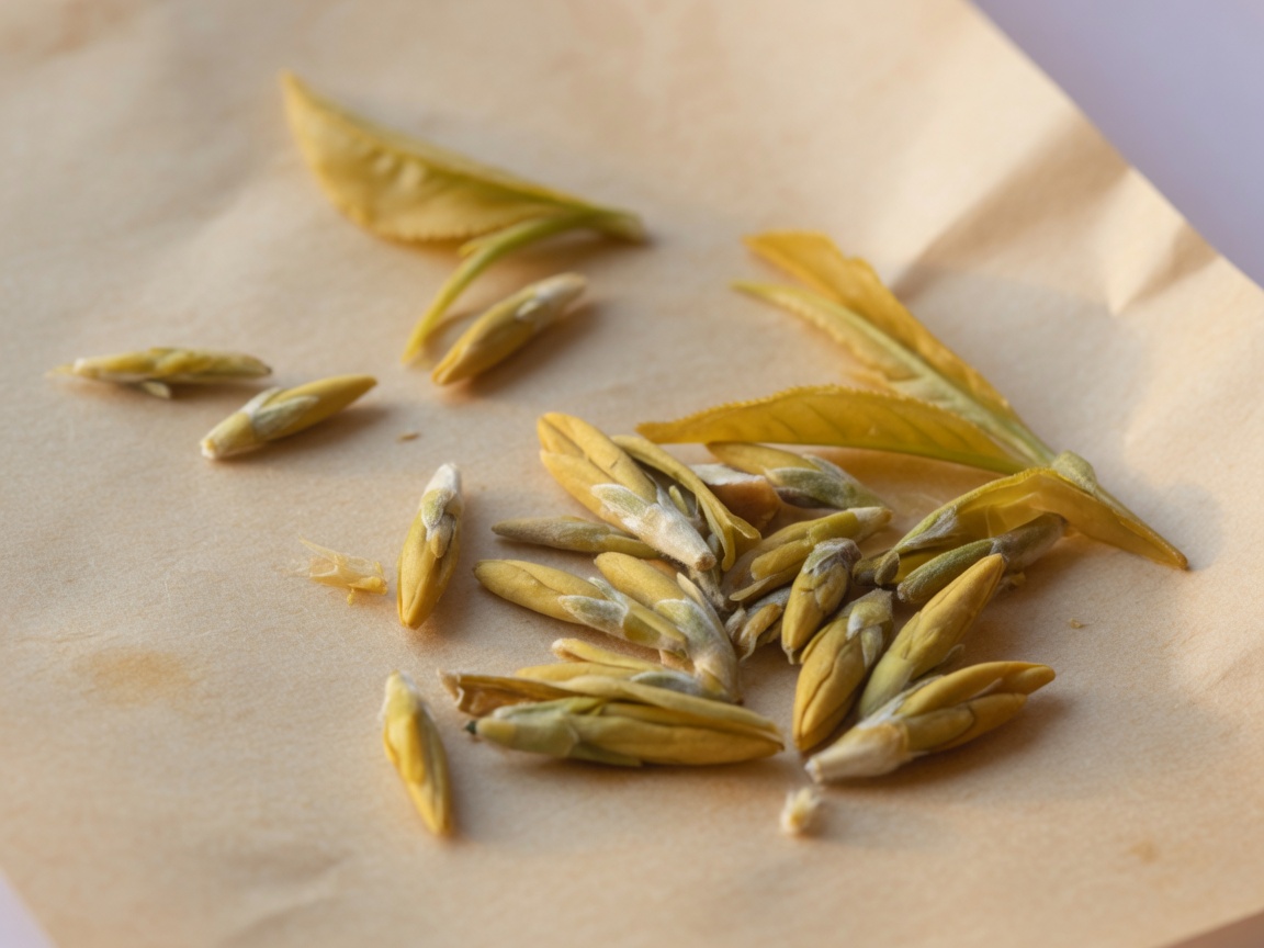Golden-yellow tea buds and leaves on warm parchment paper