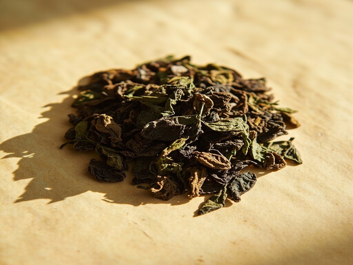 A small pile of loose-leaf Darjeeling first flush black tea with two leaves and a silvery bud, arranged on cream-colored unbleached paper, photographed from above with warm afternoon light