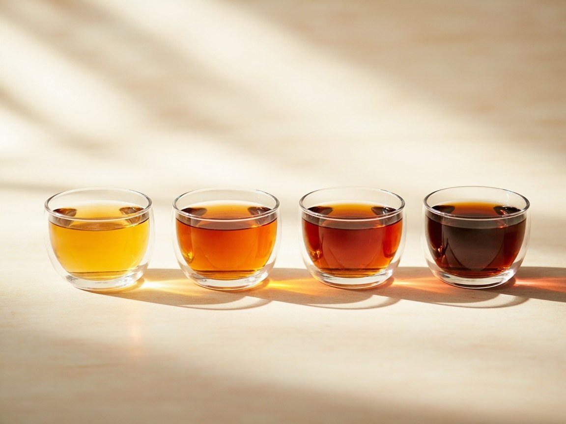 Four small clear glass cups of brewed black tea arranged in a row on a pale wood surface, showing a left-to-right gradient of liquor color from very pale gold through amber-copper to dark brown, representing different seasonal flushes