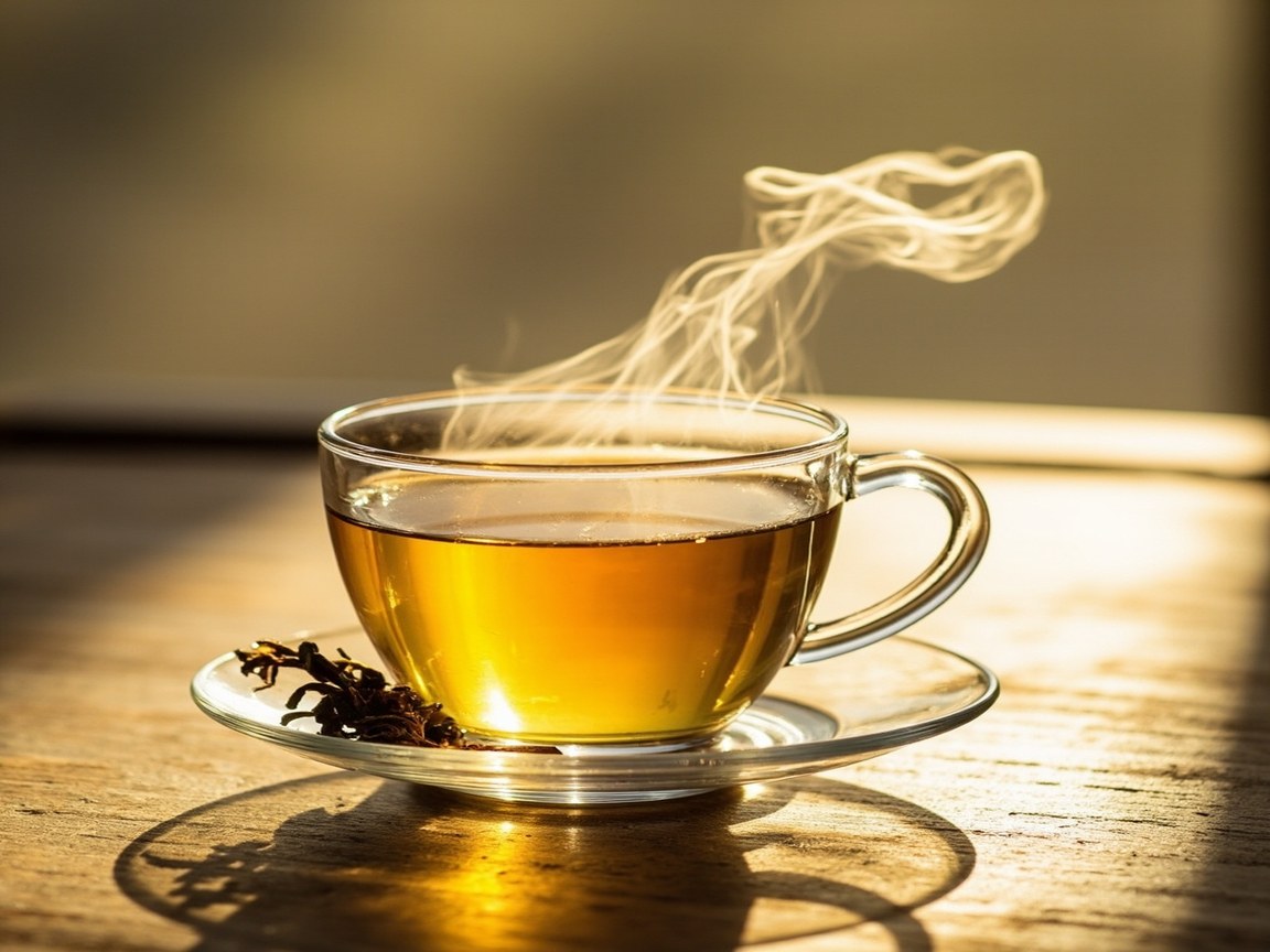 A small clear glass teacup filled with golden-pale tea liquor sitting on a saucer, with steam gently rising from the surface and a few dried tea leaves beside the cup, soft warm backlight