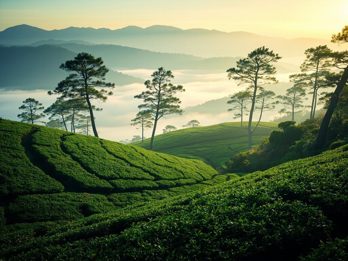 A high-altitude Himalayan foothill tea garden at dawn, neat rows of manicured tea bushes following the contour of a misty green hillside, tall shade trees scattered between the rows, soft morning fog drifting through the valley