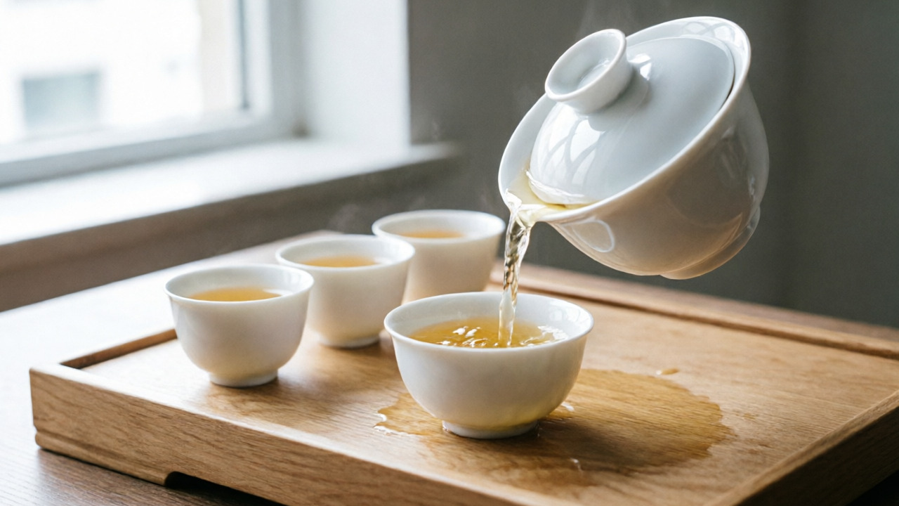 Gongfu brewing setup with gaiwan and small cups for huang ya