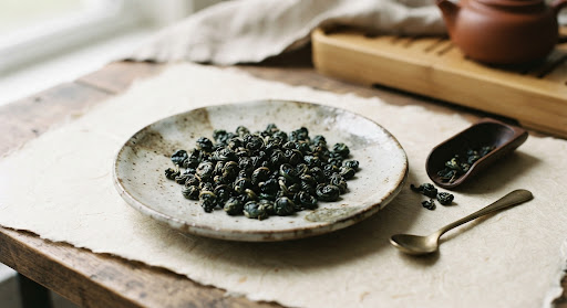 Rolled tea leaves with wooden scoop on a tasting mat