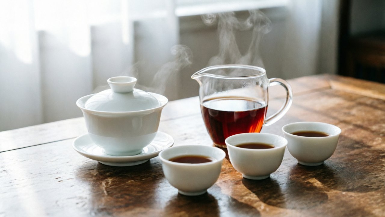 Gongfu black tea session: porcelain gaiwan, pitcher, and cups with Keemun