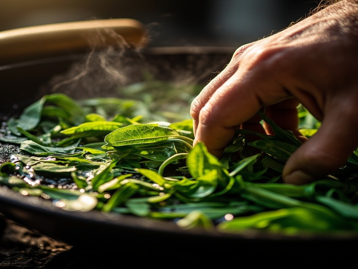 Pan-firing Longjing leaves flat in a hot wok