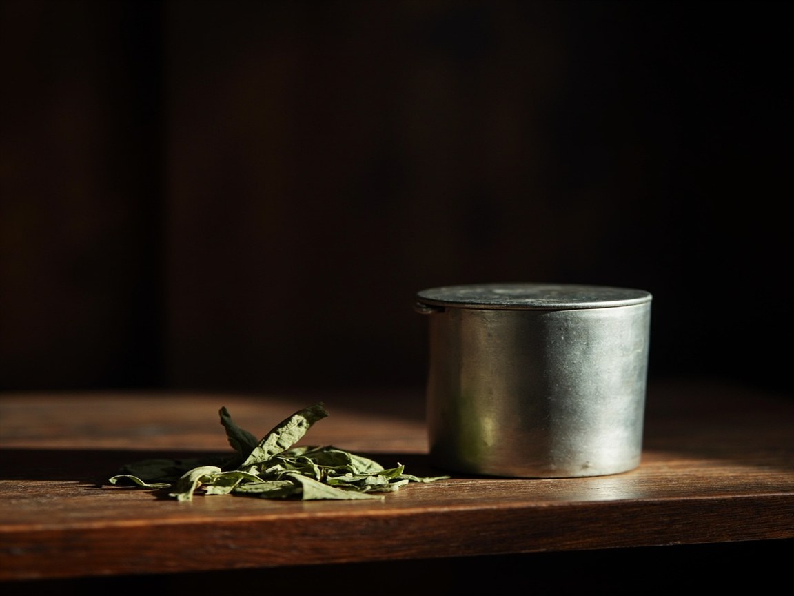 Longjing stored in a metal tin beside dry leaves
