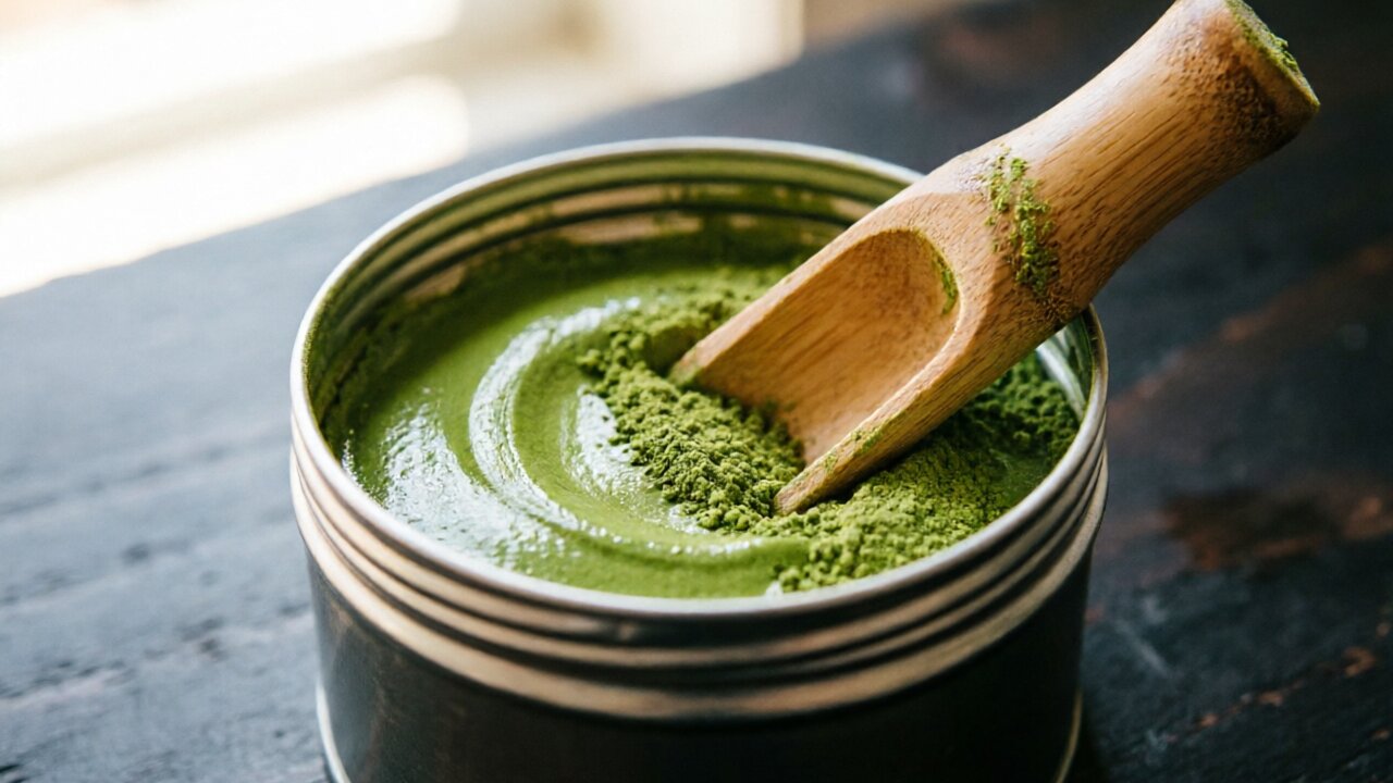 Bright green matcha powder in a metal tin with a bamboo scoop.