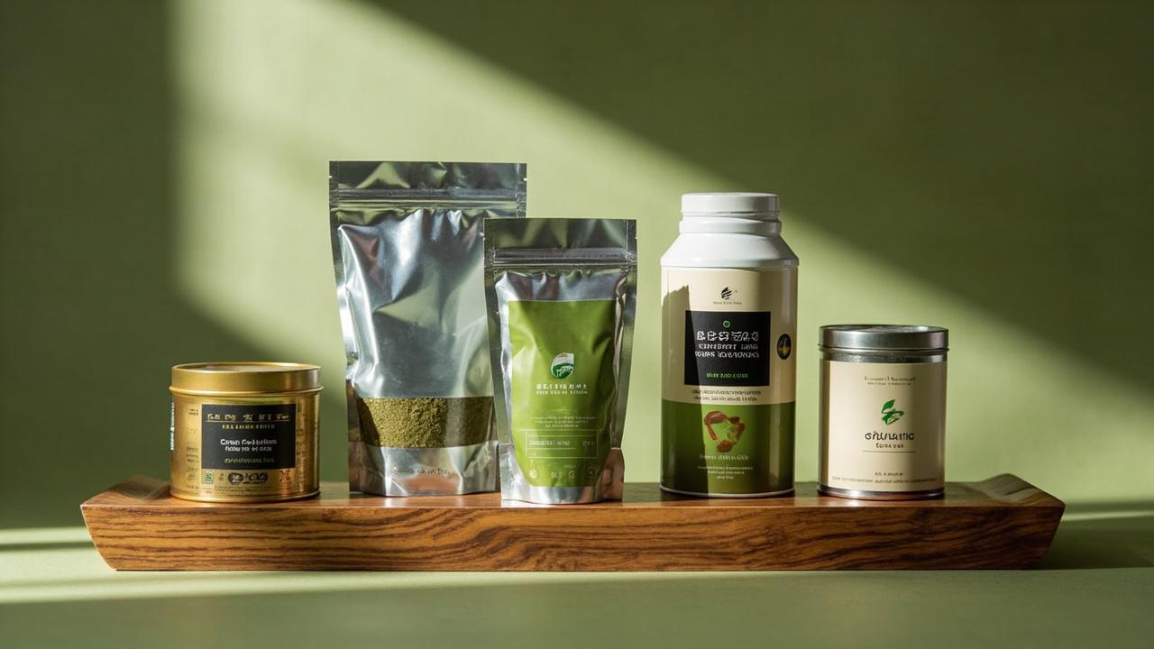 Five matcha tins arranged on a wooden board.