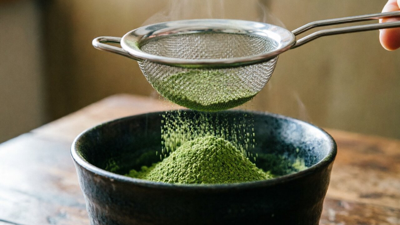 A stainless steel fine-mesh sifter being tapped over a matcha bowl.