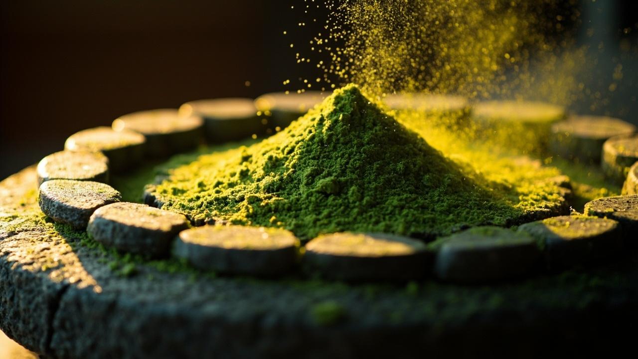 Granite mill stone grinding tencha into matcha powder.