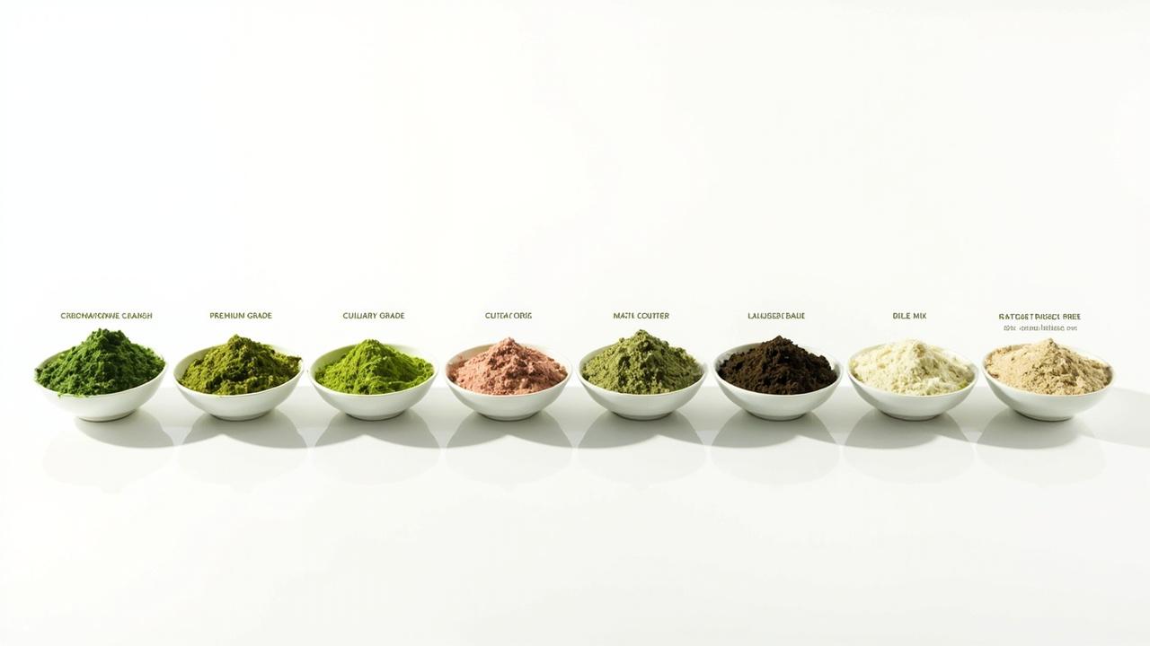 Six matcha grades side by side — ceremonial at top, culinary at bottom.