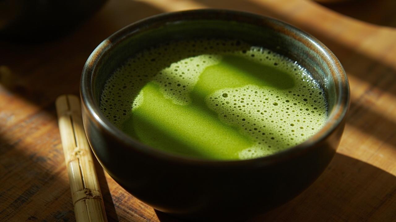 Jade-green microfoam on freshly whisked matcha in a chawan.