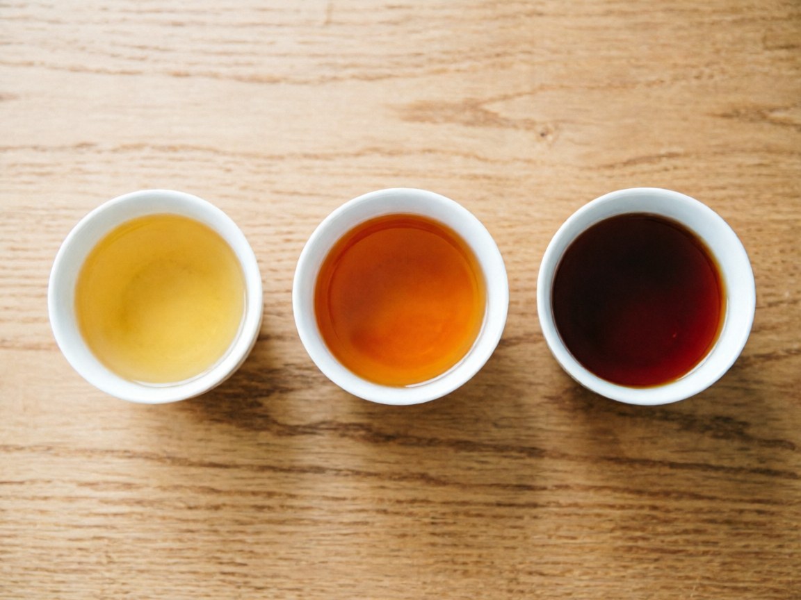 Sheng puerh aging colors: young golden, 5-year amber, 15-year dark amber