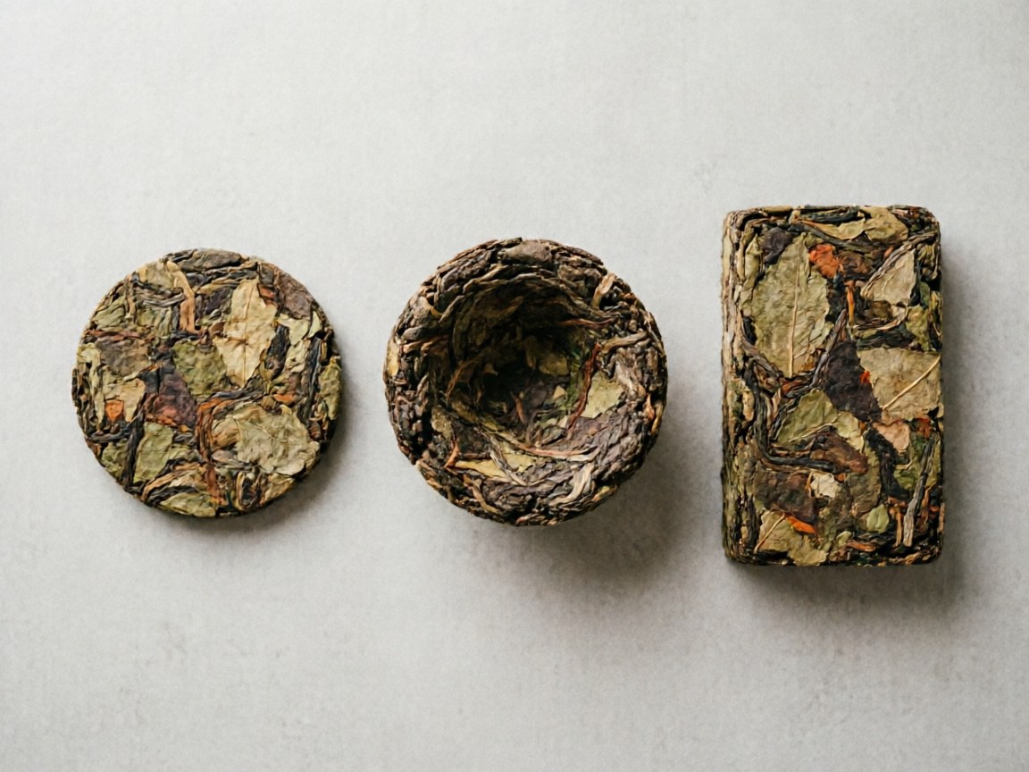 Three sheng puerh compression forms: bing cake, tuo bowl, and zhuan brick