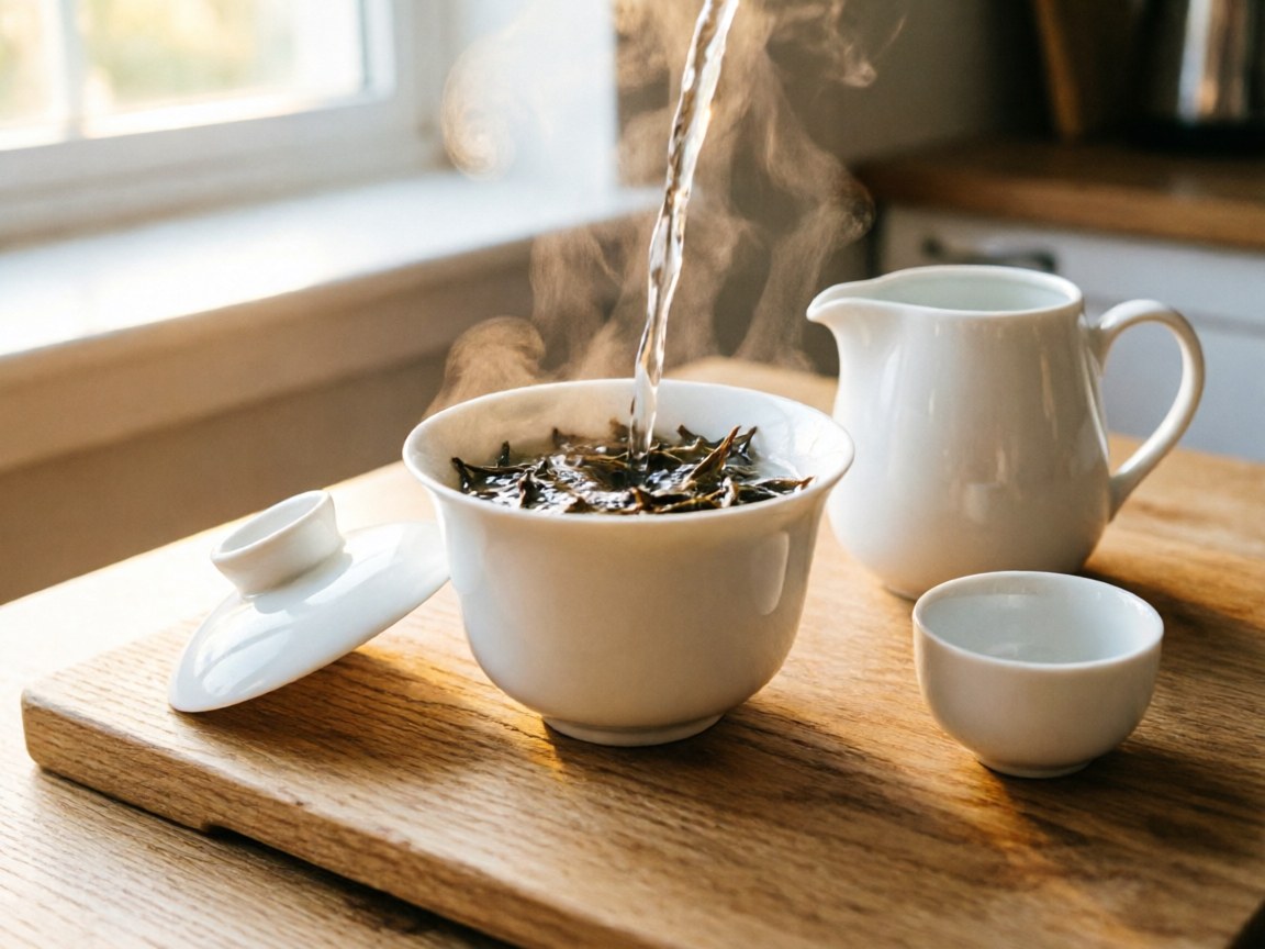 Gongfu brewing sheng puerh with a porcelain gaiwan and fairness pitcher