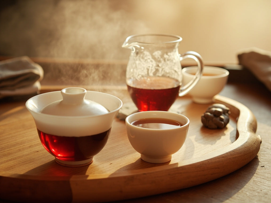 Gongfu brewing for shou — gaiwan, pitcher, and cup