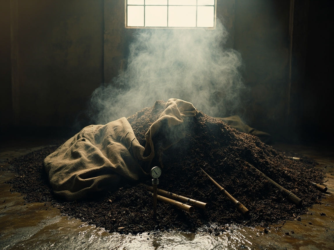 Wodui tea pile with canvas cover and temperature monitoring