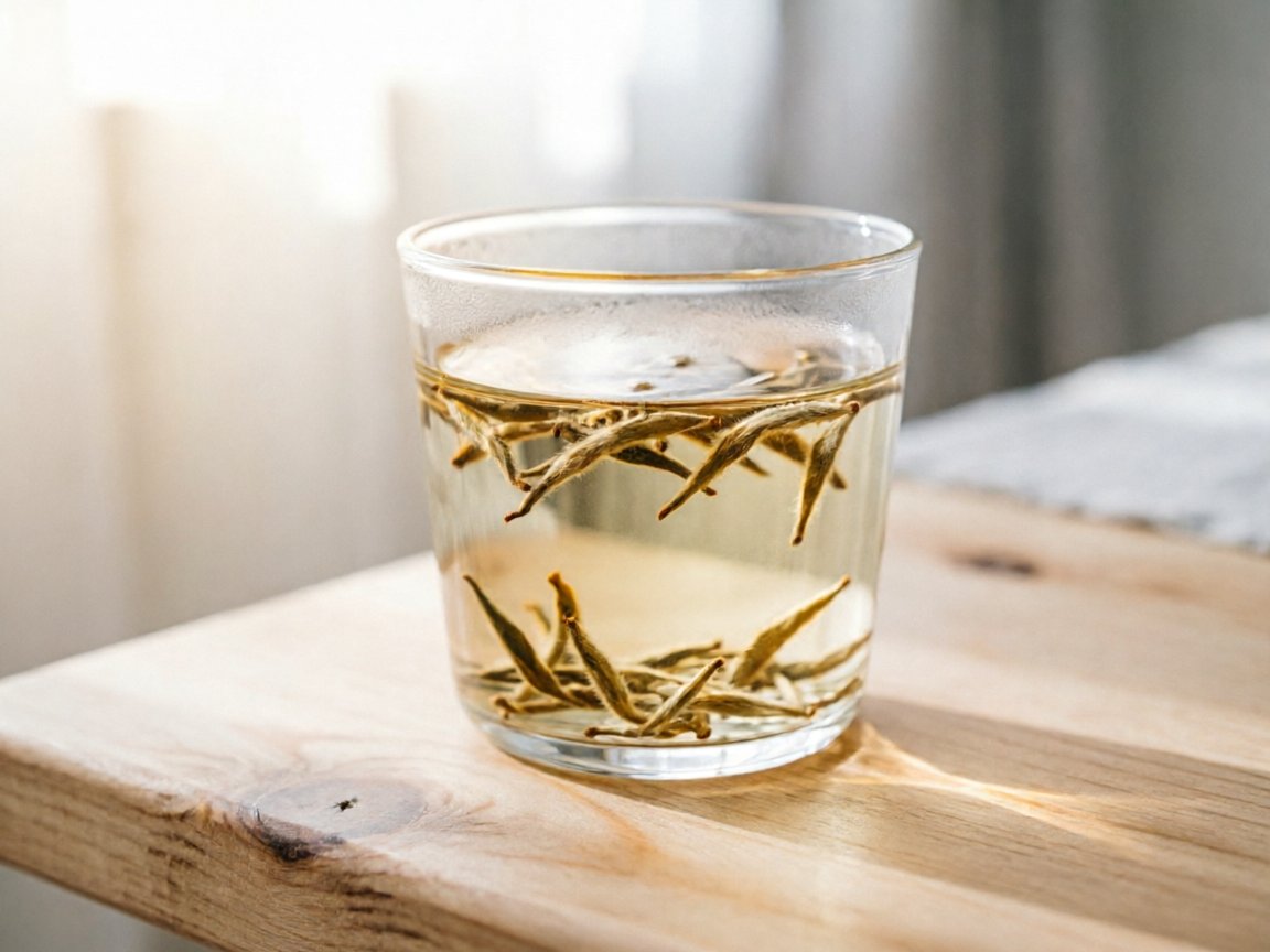 Brewed Silver Needle tea in a glass cup, pale champagne liquor