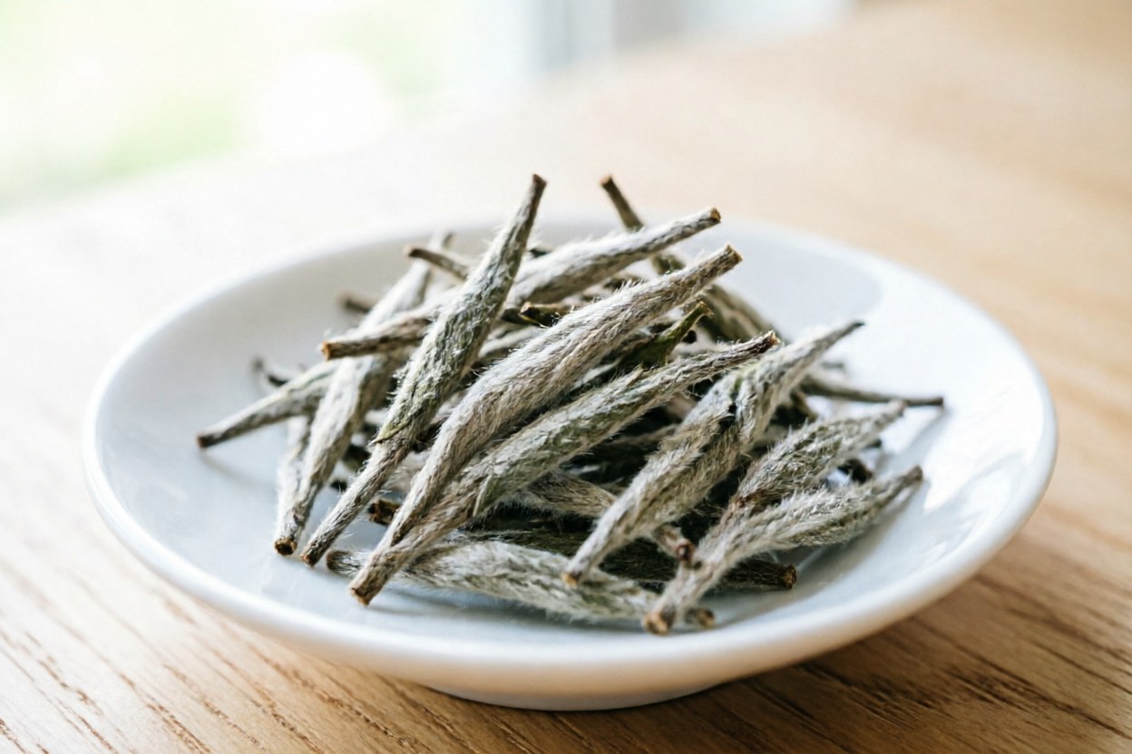 Close-up of Silver Needle dried buds showing silvery-white baihao down