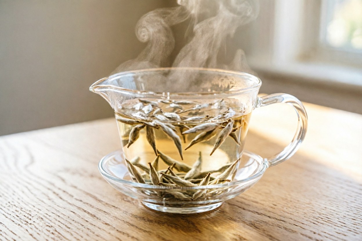 Silver Needle brewing in a glass gaiwan — buds unfurling at 80°C